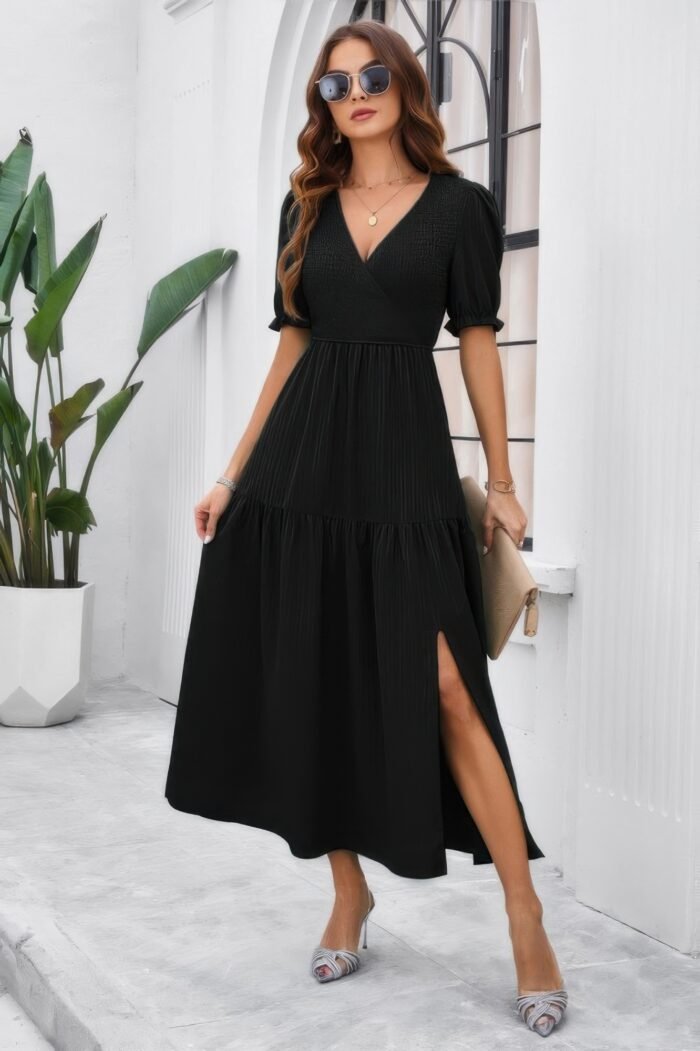 Solid v neck ruched high waist puff sleeve dress - image 4