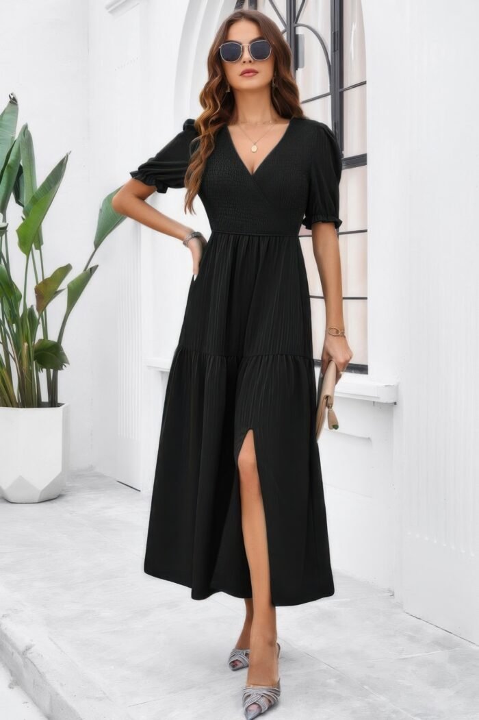 Solid v neck ruched high waist puff sleeve dress - image 5