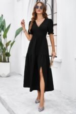 Solid V Neck Ruched High Waist Puff Sleeve Dress - Image 6