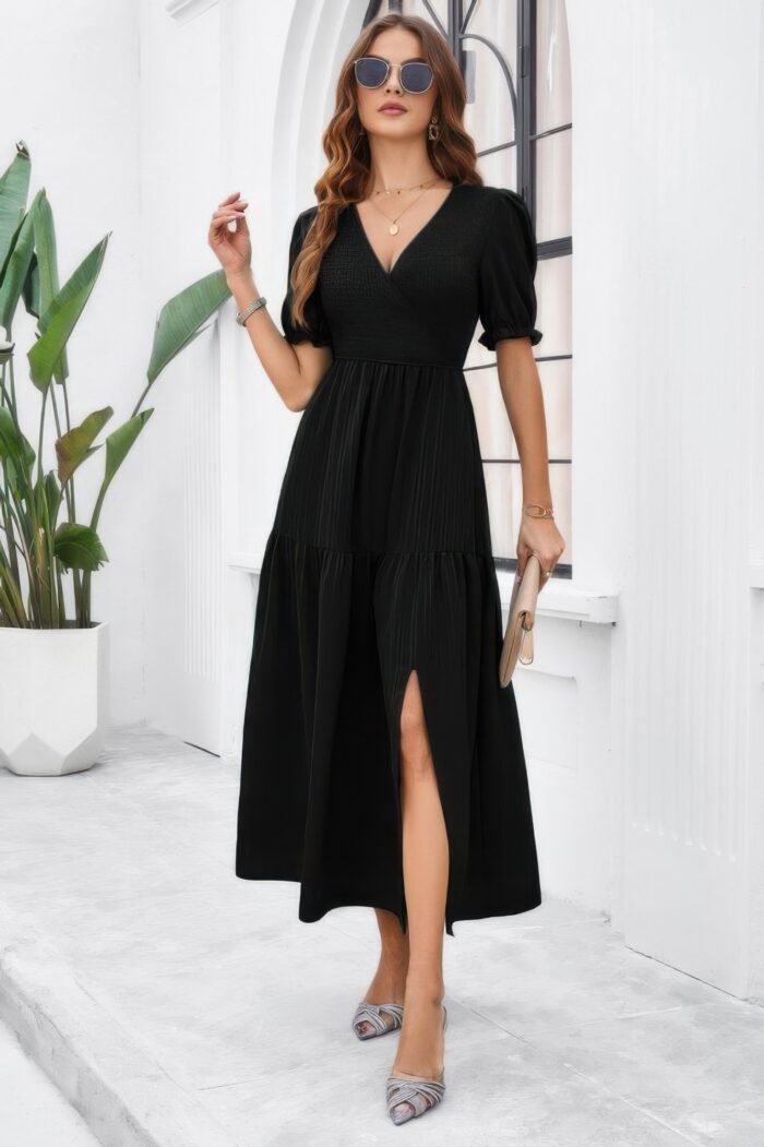 Solid v neck ruched high waist puff sleeve dress - image 6
