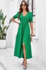 Solid V Neck Ruched High Waist Puff Sleeve Dress - Image 2
