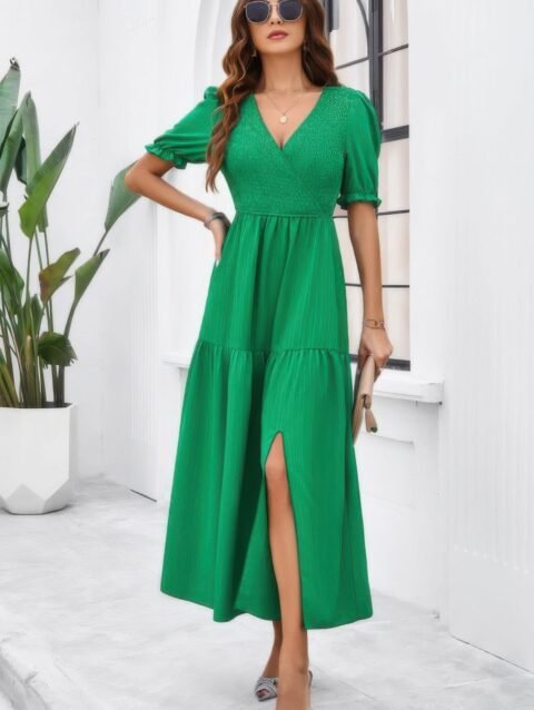 Solid V Neck Ruched High Waist Puff Sleeve Dress