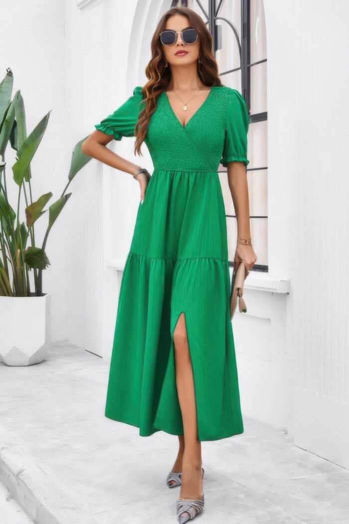 Solid v neck ruched high waist puff sleeve dress - image 2
