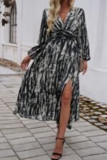 Print V Neck Tie Waist Fit Long Dress