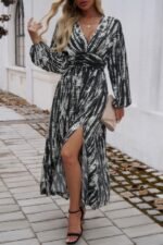 Print V Neck Tie Waist Fit Long Dress - Image 2