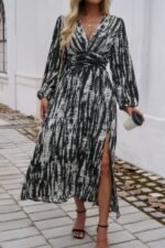 Print V Neck Tie Waist Fit Long Dress - Image 3