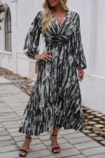 Print V Neck Tie Waist Fit Long Dress - Image 4