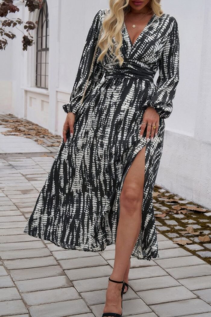 Print v neck tie waist fit long dress - image 5