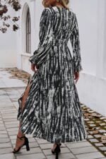 Print V Neck Tie Waist Fit Long Dress - Image 6