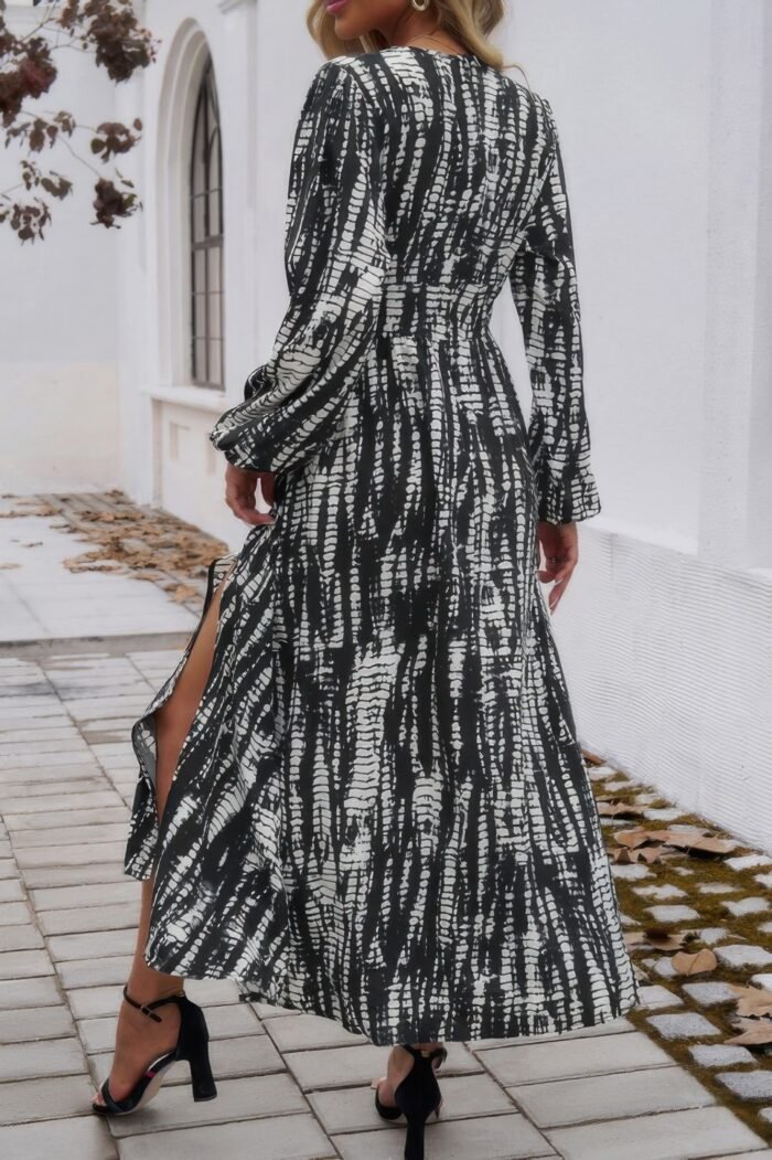 Print v neck tie waist fit long dress - image 6