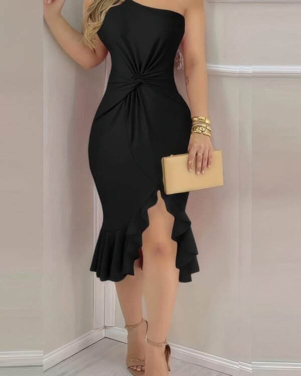 Solid One Shoulder Cross Waist Ruffle Hem Dress