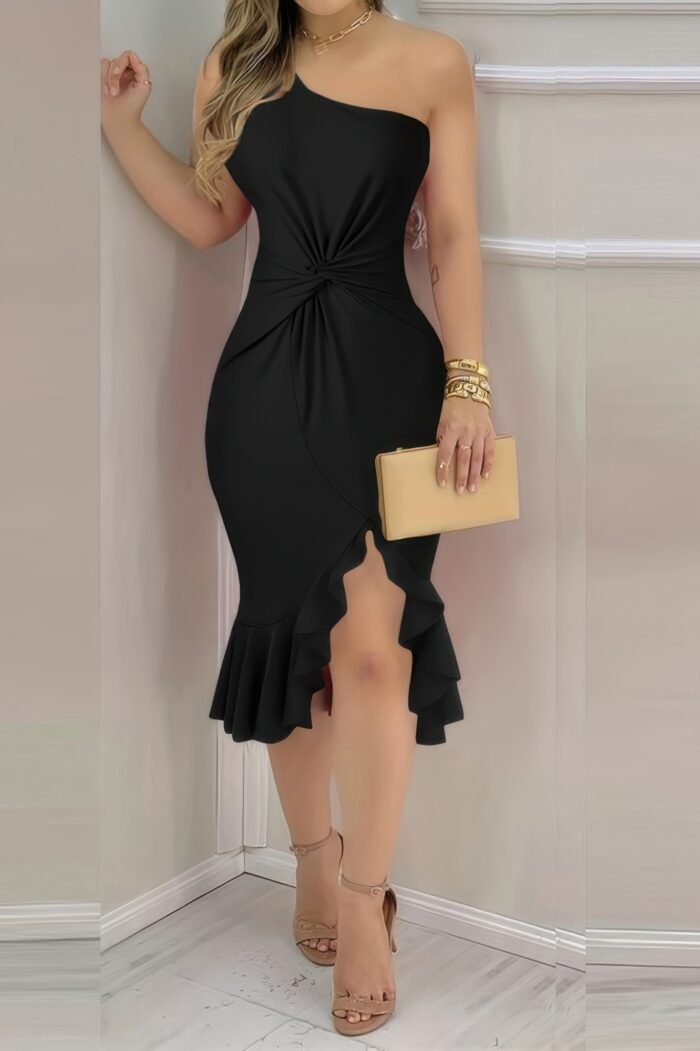 Solid one shoulder cross waist ruffle hem dress - image 1