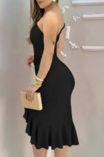 Solid One Shoulder Cross Waist Ruffle Hem Dress - Image 2