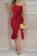 Solid One Shoulder Cross Waist Ruffle Hem Dress - Image 7