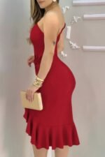 Solid One Shoulder Cross Waist Ruffle Hem Dress - Image 8