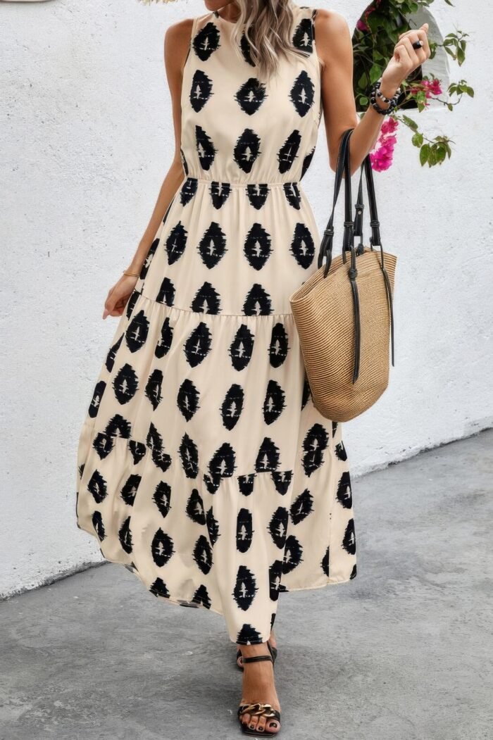 Sleeveless Printed Elastic Waist Ruffle Full Dress - Image 2