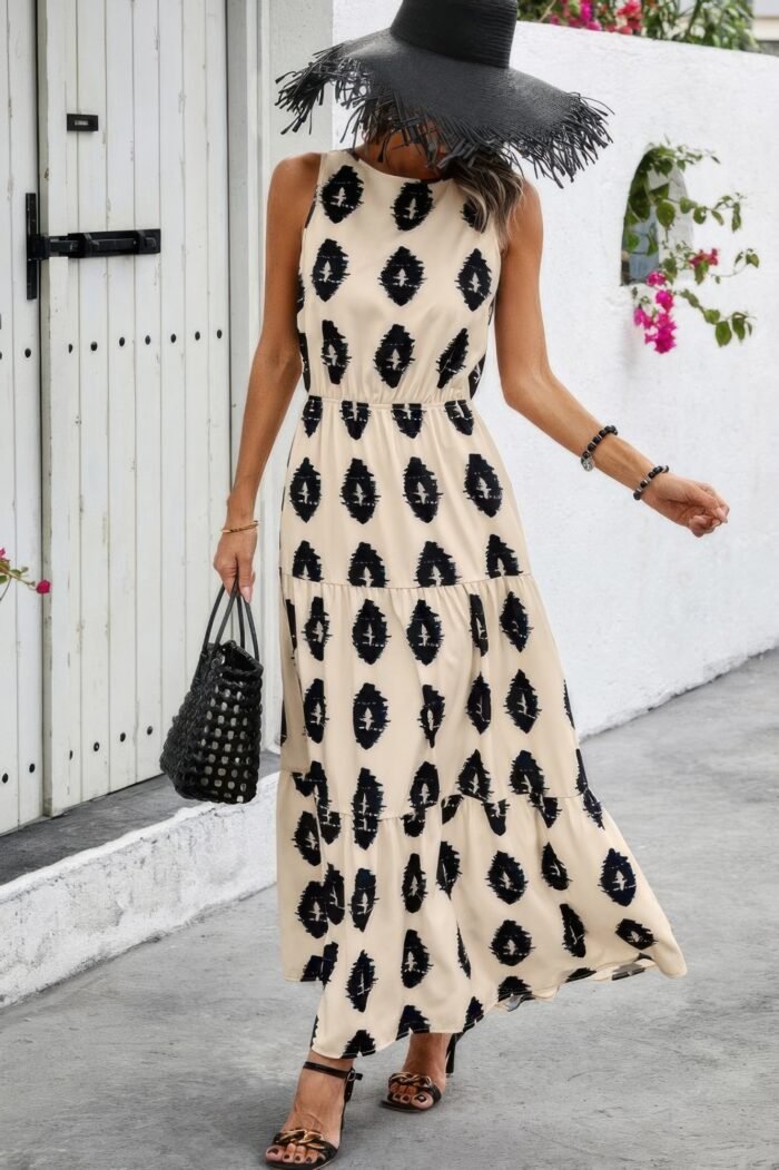 Sleeveless Printed Elastic Waist Ruffle Full Dress - Image 3