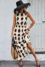 Sleeveless Printed Elastic Waist Ruffle Full Dress
