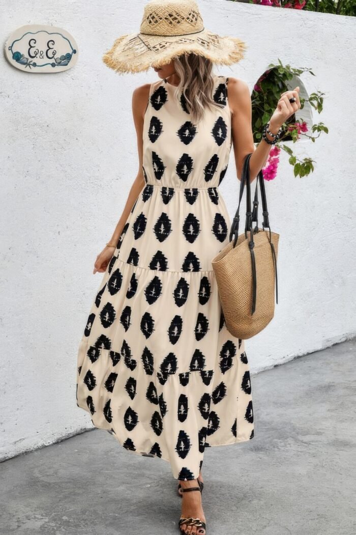 Sleeveless Printed Elastic Waist Ruffle Full Dress - Image 6