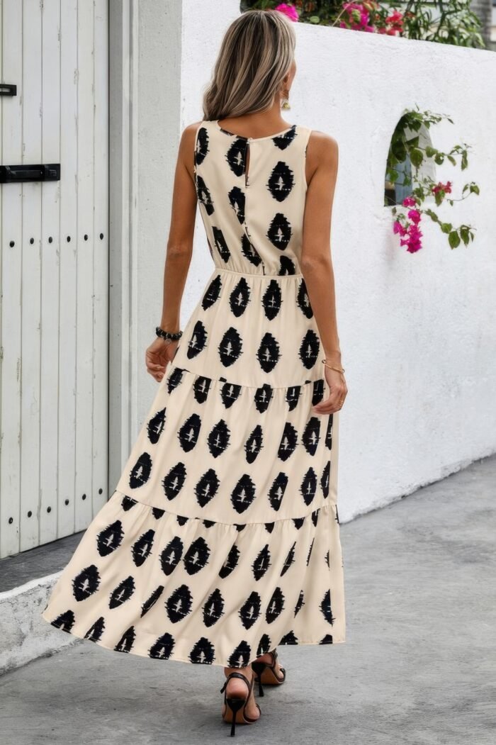 Sleeveless Printed Elastic Waist Ruffle Full Dress - Image 7