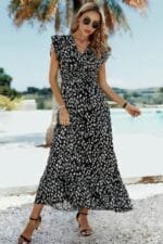 Boho V Neck Wrap Ruffled A Line Long Dress