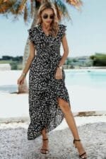 Boho V Neck Wrap Ruffled A Line Long Dress