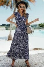 Boho V Neck Wrap Ruffled A Line Long Dress