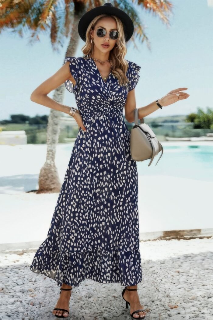 Boho V Neck Wrap Ruffled A Line Long Dress - Image 8