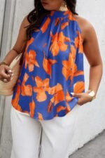 Plus Gingko Leaf Print Short Sleeve Halter Shirt
