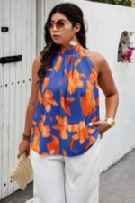 Plus Gingko Leaf Print Short Sleeve Halter Shirt - Image 3
