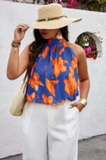 Plus Gingko Leaf Print Short Sleeve Halter Shirt - Image 5