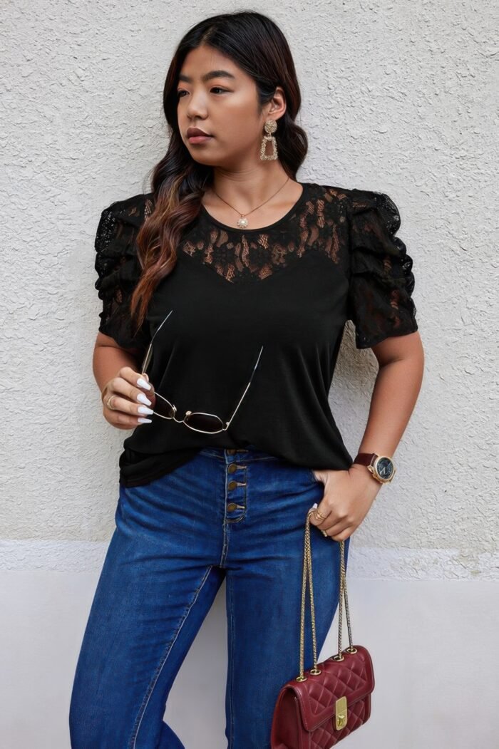 Solid Lace Ruffle Sleeve Hollow Out Elegant Shirt - Image 5