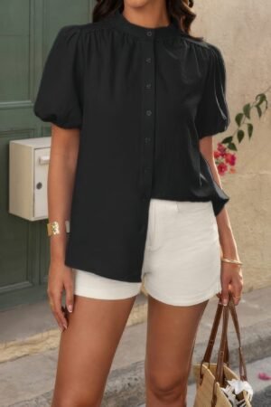 Button Down Lantern Puff Short Sleeve V Neck Top Button Down Lantern Puff Short Sleeve V Neck Top