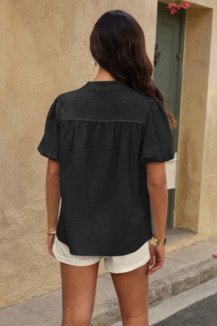 Button Down Lantern Puff Short Sleeve V Neck Top - Image 10