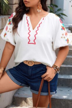 Floral V Neck Ruffle Puff Sleeve Lace Blouse