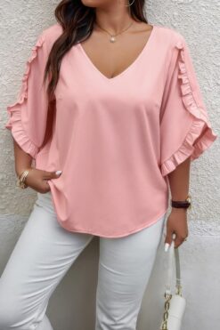 Solid Plus V Neck Ruffle Trim Petal Sleeve Blouse
