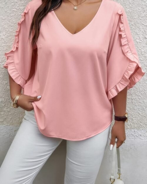 Solid Plus V Neck Ruffle Trim Petal Sleeve Blouse