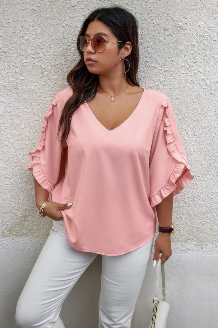 Solid Plus V Neck Ruffle Trim Petal Sleeve Blouse - Image 3