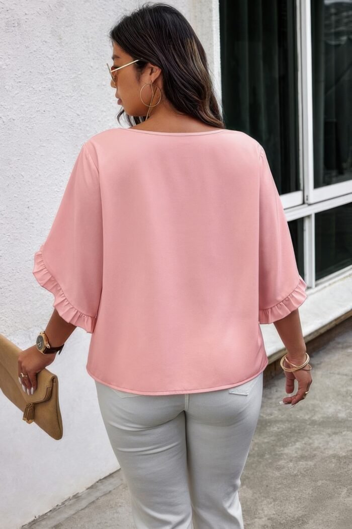 Solid Plus V Neck Ruffle Trim Petal Sleeve Blouse - Image 4