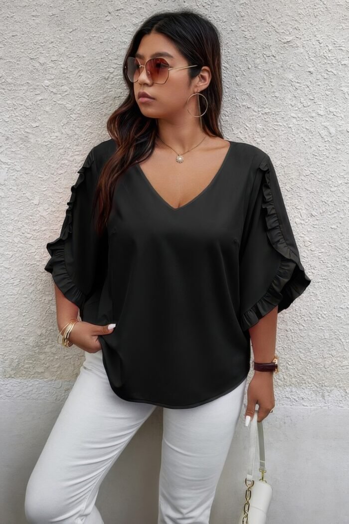 Solid Plus V Neck Ruffle Trim Petal Sleeve Blouse - Image 7