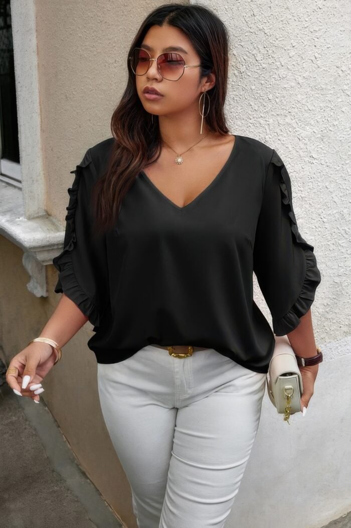 Solid Plus V Neck Ruffle Trim Petal Sleeve Blouse - Image 8