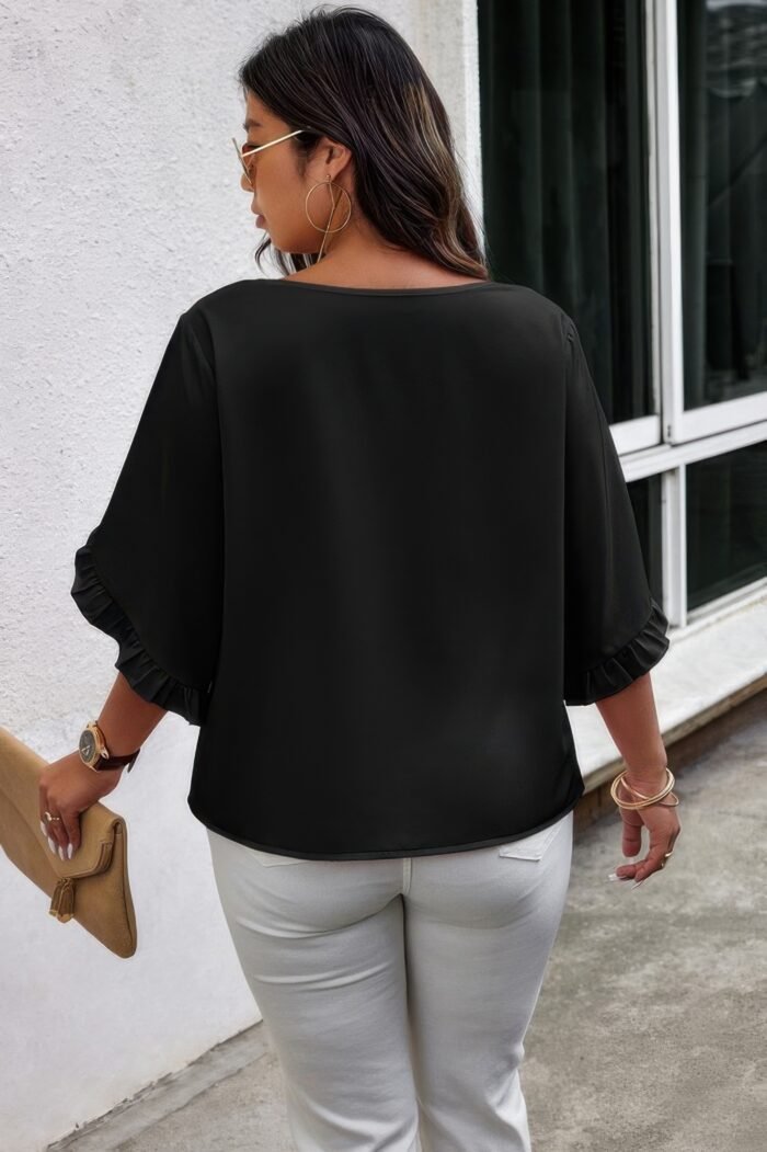 Solid Plus V Neck Ruffle Trim Petal Sleeve Blouse - Image 9