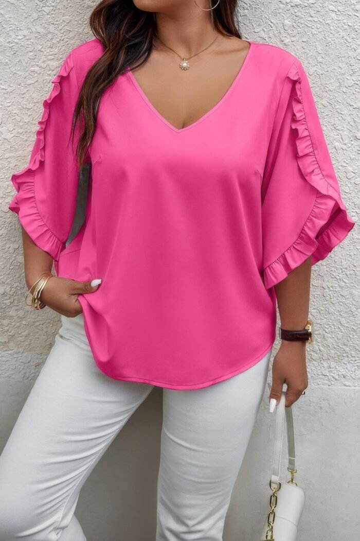 Solid Plus V Neck Ruffle Trim Petal Sleeve Blouse - Image 11