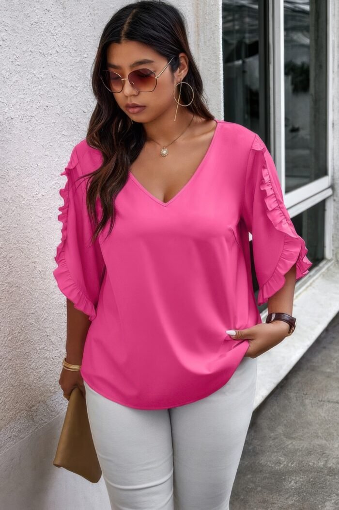 Solid Plus V Neck Ruffle Trim Petal Sleeve Blouse - Image 12