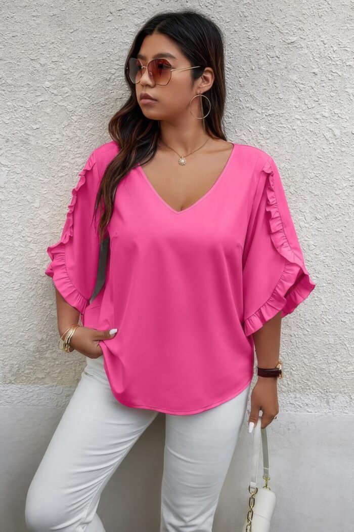 Solid Plus V Neck Ruffle Trim Petal Sleeve Blouse - Image 13