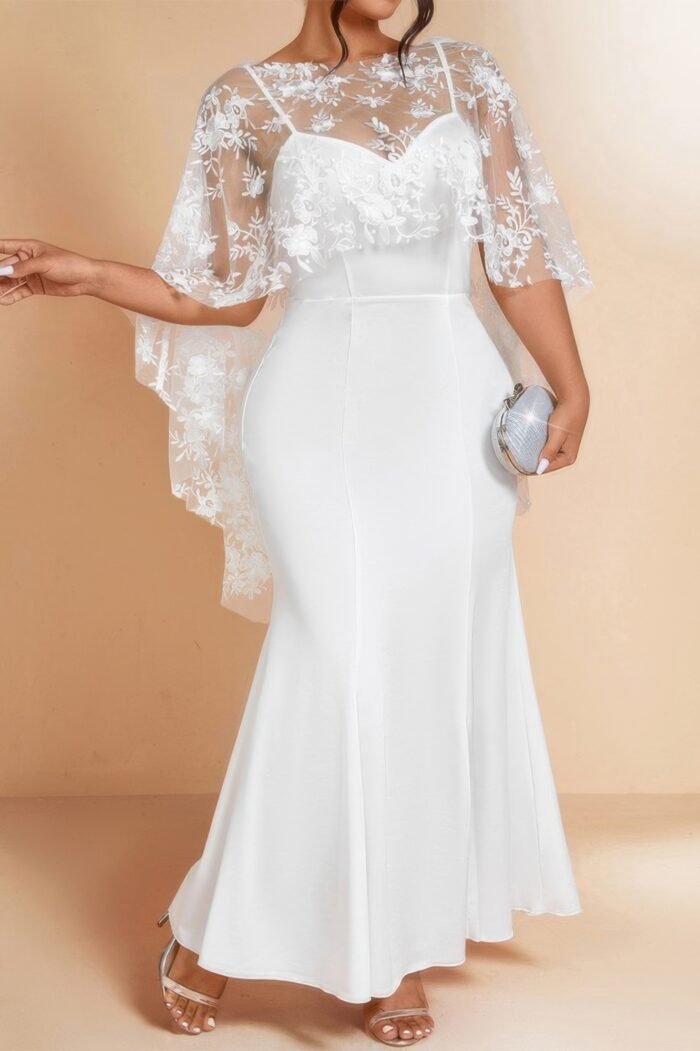 Plus Floral Contrast Lace Butterfly Sleeve Dress - Image 1