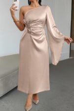 Solid Asymmetric Floral Ruched Flared Sleeve Dress - Image 3