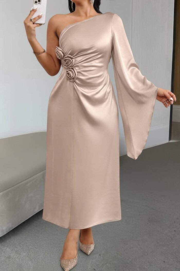 Solid asymmetric floral ruched flared sleeve dress - image 3