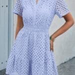 V Neck Lace Solid Lace Ruffle Hollow A Line Dress