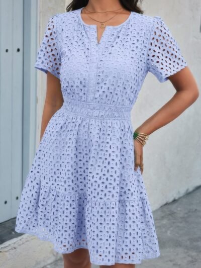 V Neck Lace Solid Lace Ruffle Hollow A Line Dress